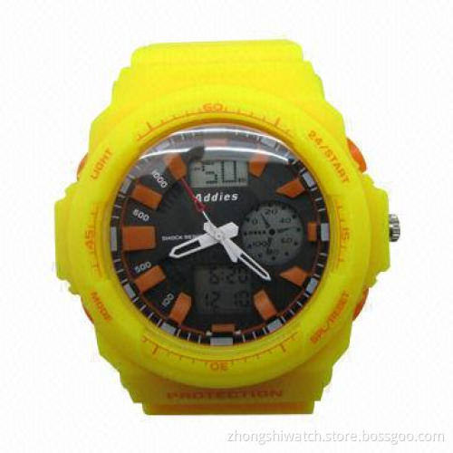 New Yellow Dual Quartz Digital Men's Gift Analog Watch with ABS Case/PU Band, 3ATM Water-resistant